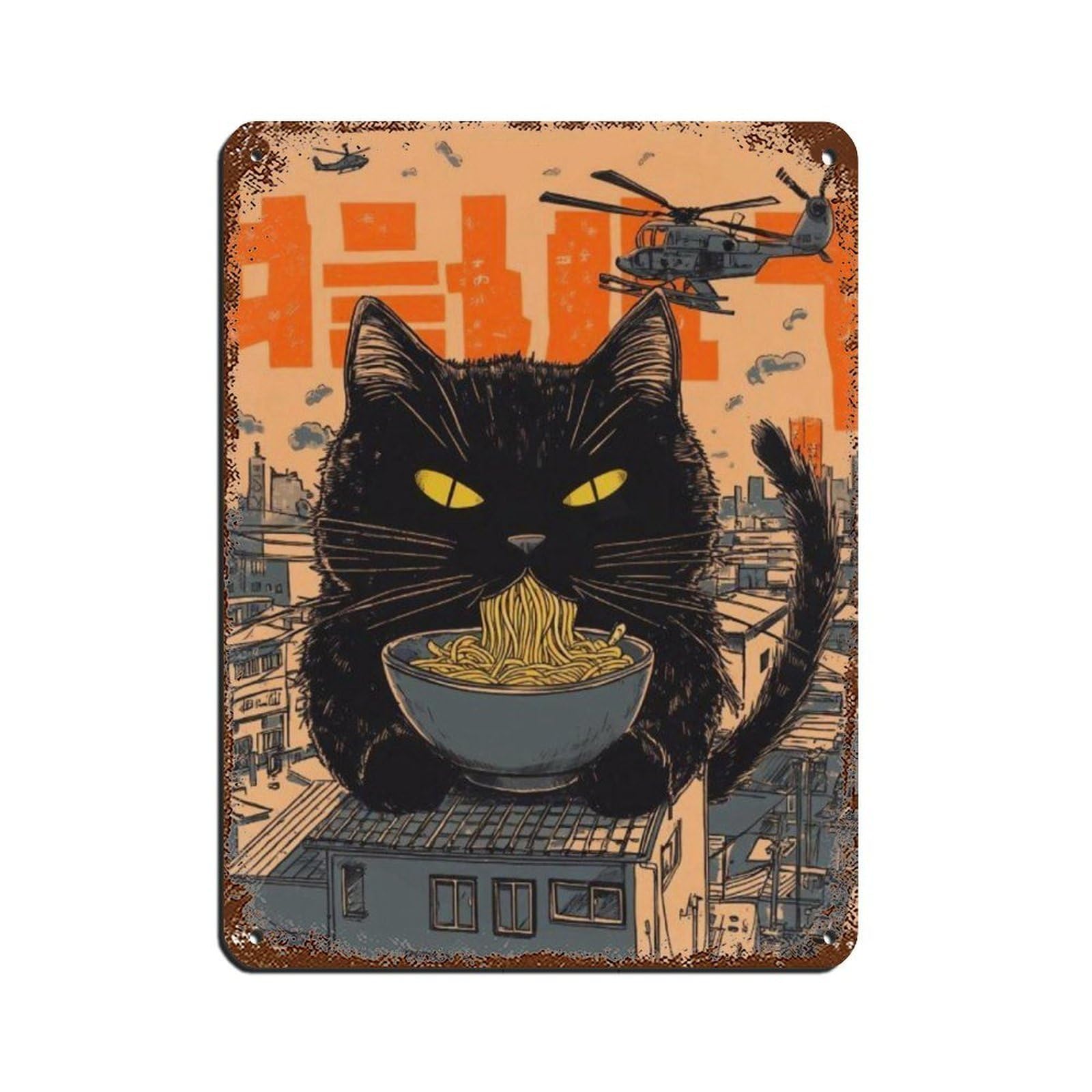 Giant Cat Watching City Eating Noodles Art Poster Retro Poster Metal Tin Sign Chic Art Retro Iron Painting Bar People Cave Cafe Family Garage Poster Wall Decoration 12x16inch(30x40cm)