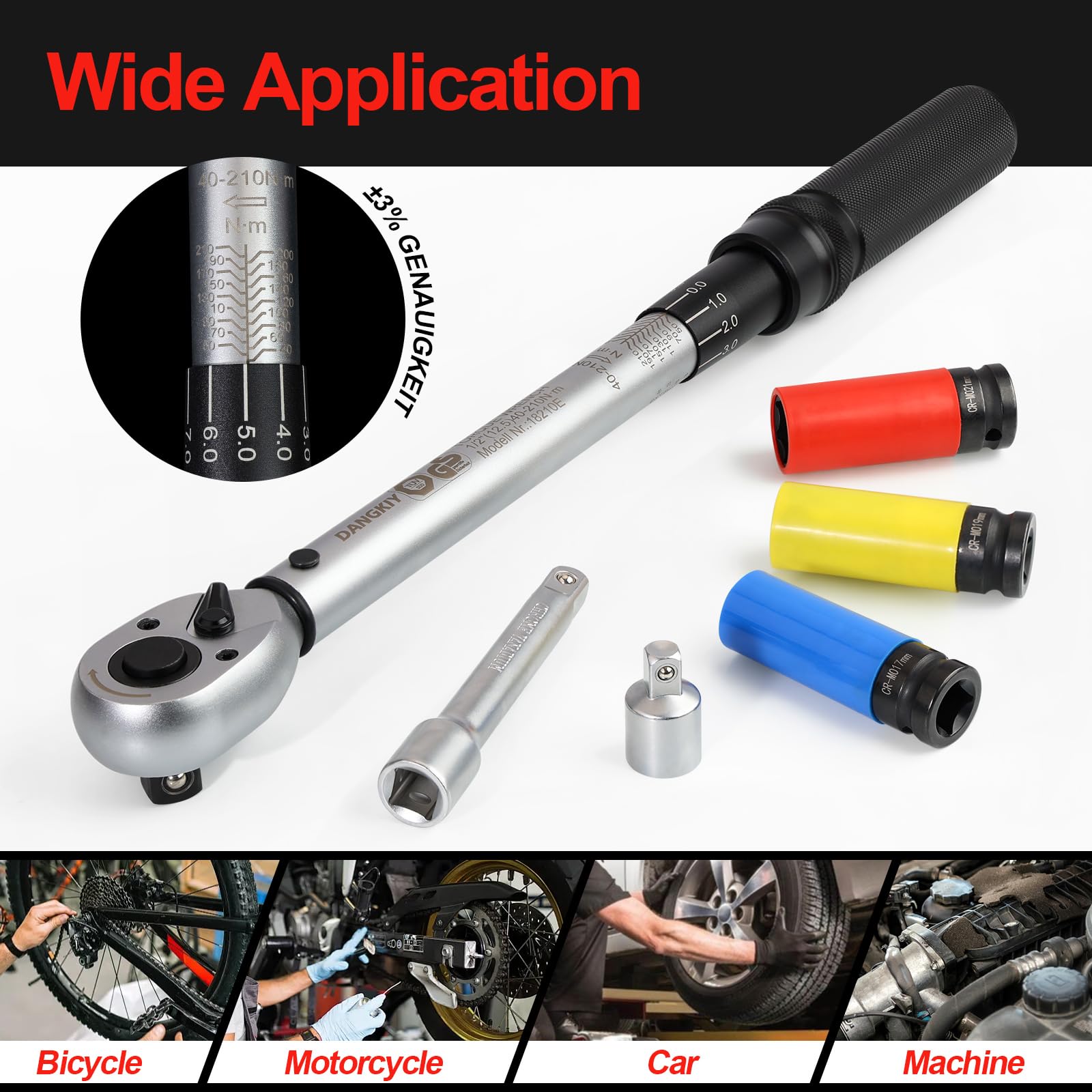 Drehmomentschlüssel Auto, 40–210 N.m Drehmomentschlüssel 1/2 Zoll, 6-tlg. Torque Wrench mit 125 mm Verlängerung, 1/2"-3/8" Adapter & 3 Stecknüssen – Für Reifenwechsel & Motorrad
