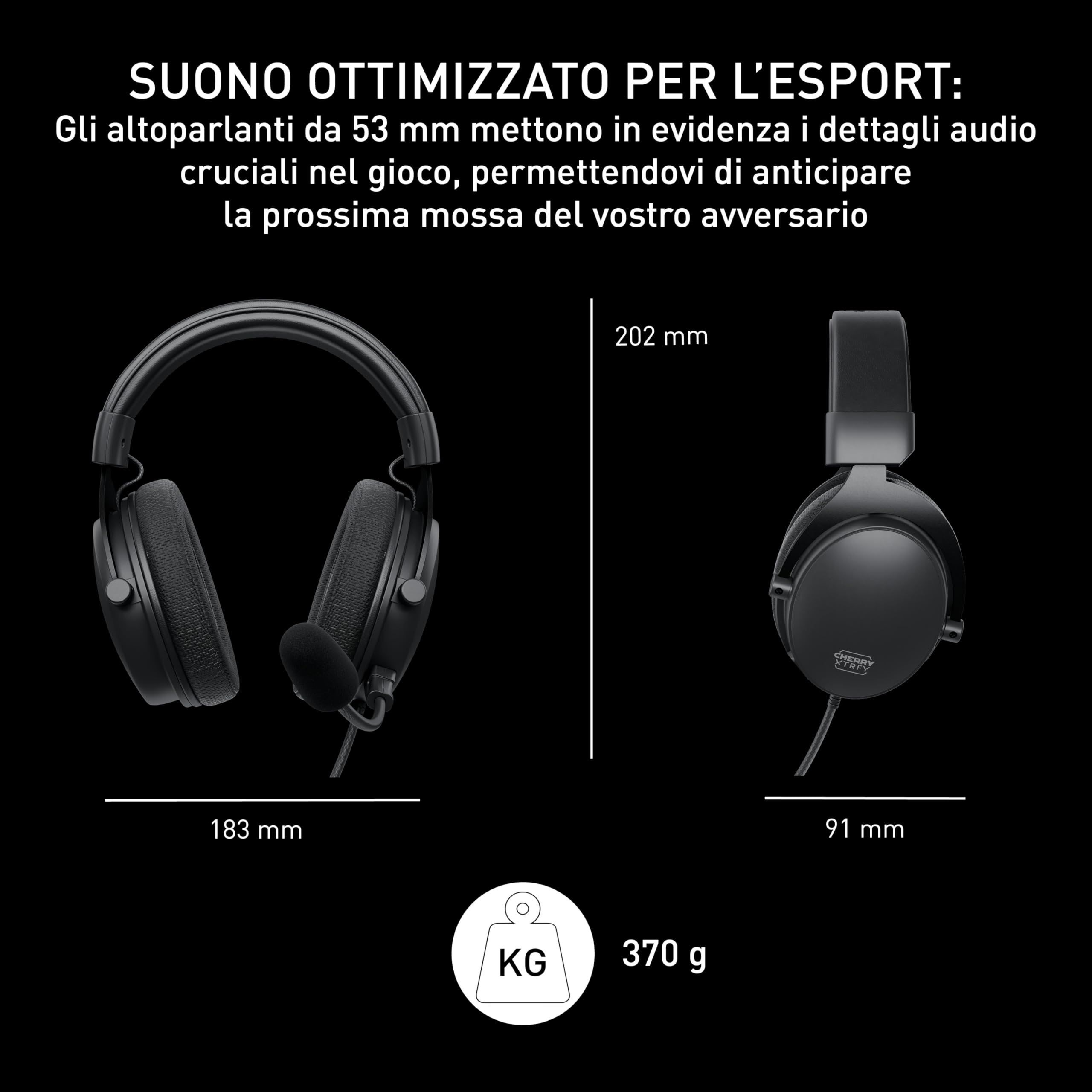CHERRY XTRFY H2, Cuffie Da Gioco Professionali, Ottimizzate Per Gli Esports, Grandi Cuscinetti Auricolari Con Memory Foam, Microfono Rimovibile, Cablato, Nero