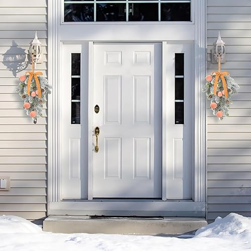 Miniatura 4 de Super Holiday Decoraciones de Navidad flocadas, 2 coronas artificiales de terciopelo café claro con lazo para colgar en la puerta delantera,