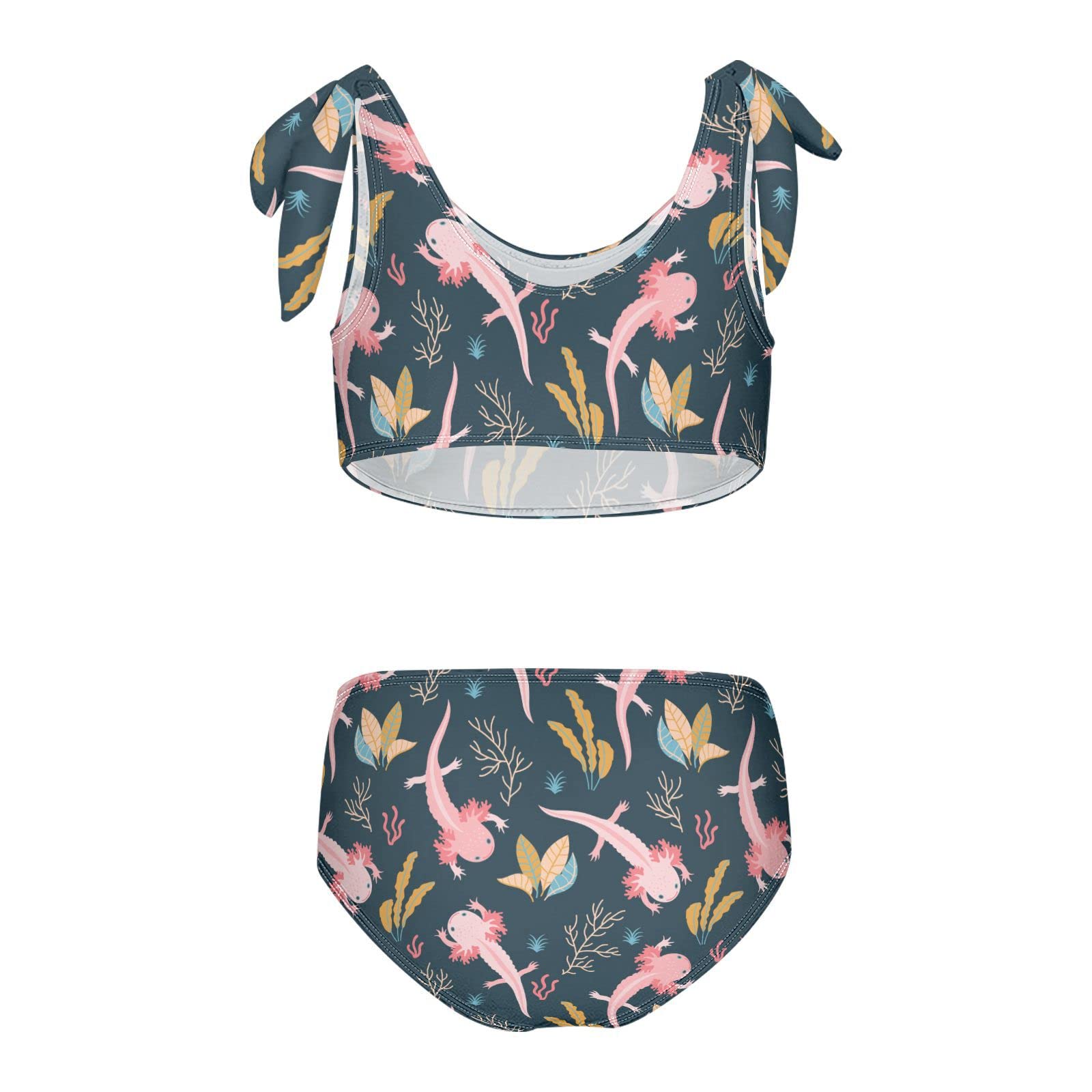 Aflyko Ocean Girls' Swimwear Axolotl Coral Cute Fish 2-Piece Bikini Set Summer Swimsuit Vacation Bathing Suit Hawaii Beachwear Water Sport Tankini Set 9-10T