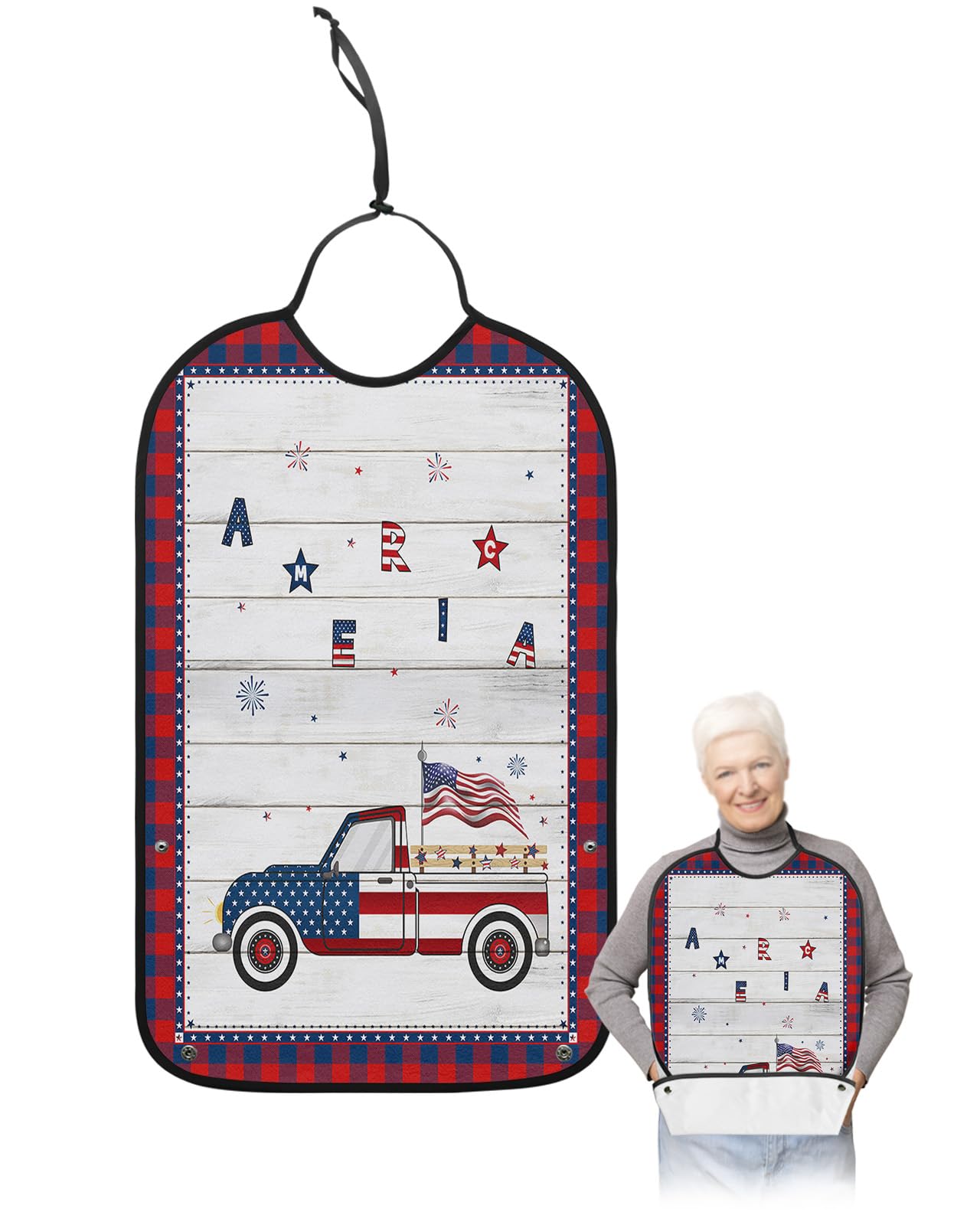 4th of July Adult Bibs for Eating, Waterproof Bibs with Food Catcher & Adjustable Snap Closure, Independence Day Red Black Plaid Truck Wood Clothing Protectors Adult Bibs for Elderly Women/Men