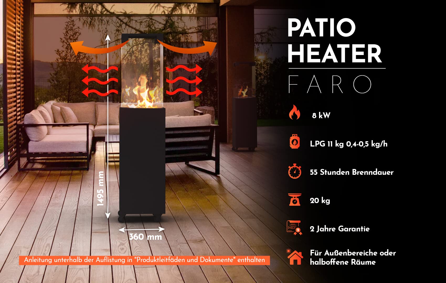Planika Faro Terrassenheizer Gas schwarzer 8kW tragbarer freistehender Propan Heizpilz 36x36x150 cm