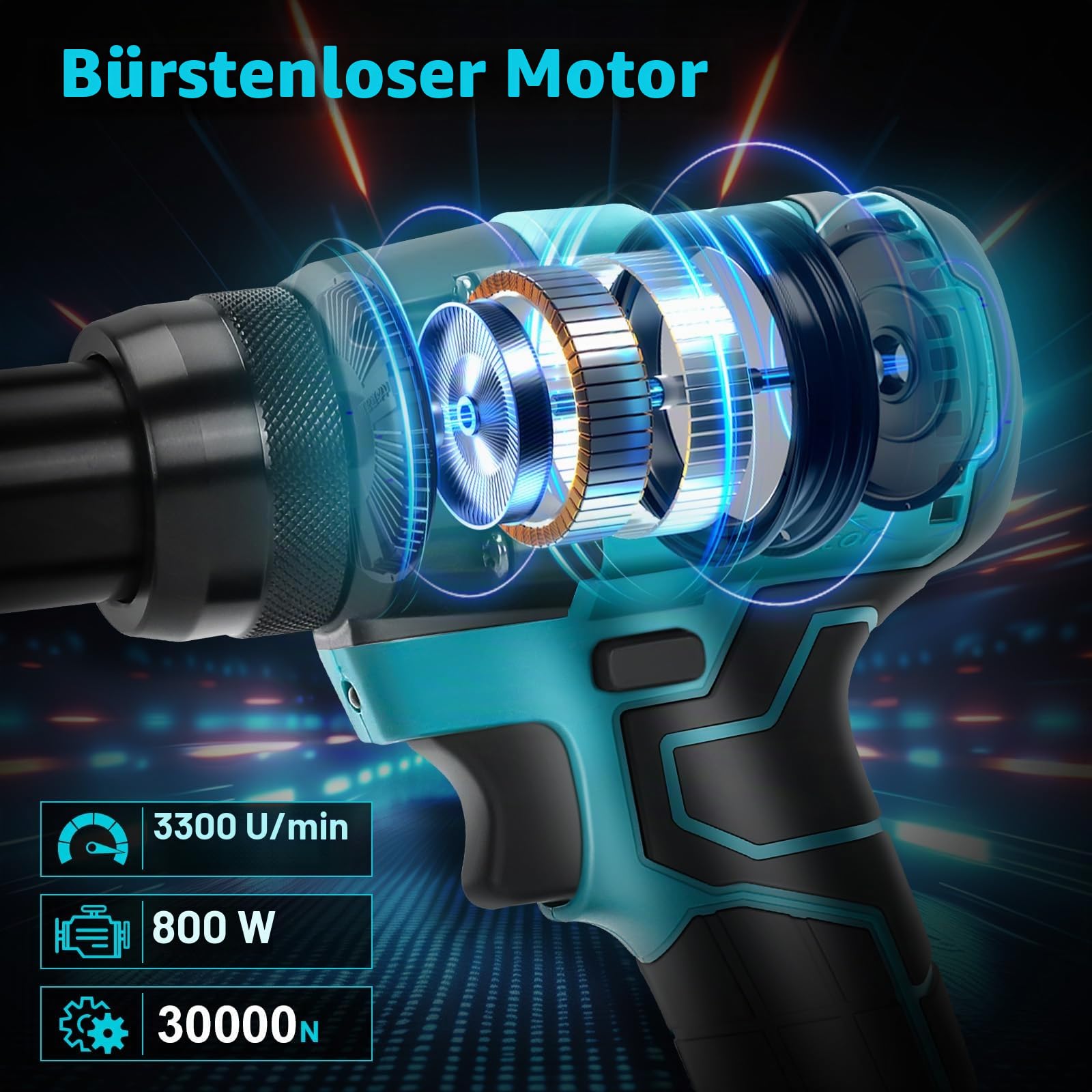Akku Nietzange Kompatibel mit Makita 18V Akku, 30000N Bürstenlose Blindnietzange, Elektrische Nietpistole mit LED, Automatischer Popnietenzange Mit 3.2/4.0/4.8mm Adaptern(ohne Batterien)