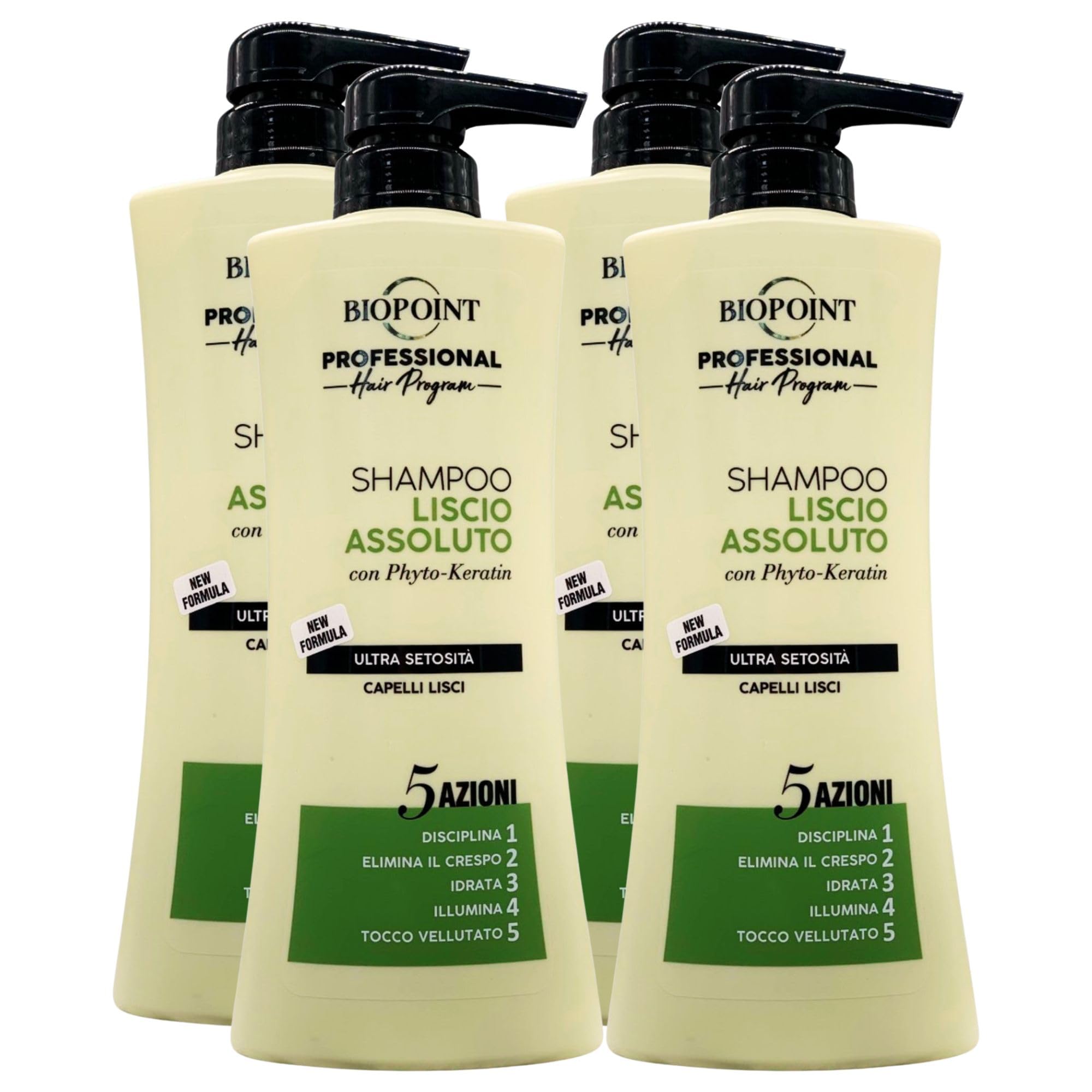 Shampoo LISCIO ASSOLUTO Con Phyto-Keratin, Ultra Setosità, Per Capelli Lisci. 5 Azioni: Disciplina, Elimina Il Crespo, Idrata, Illumina, Tocco Vellutato 400ml (4 Flaconi)