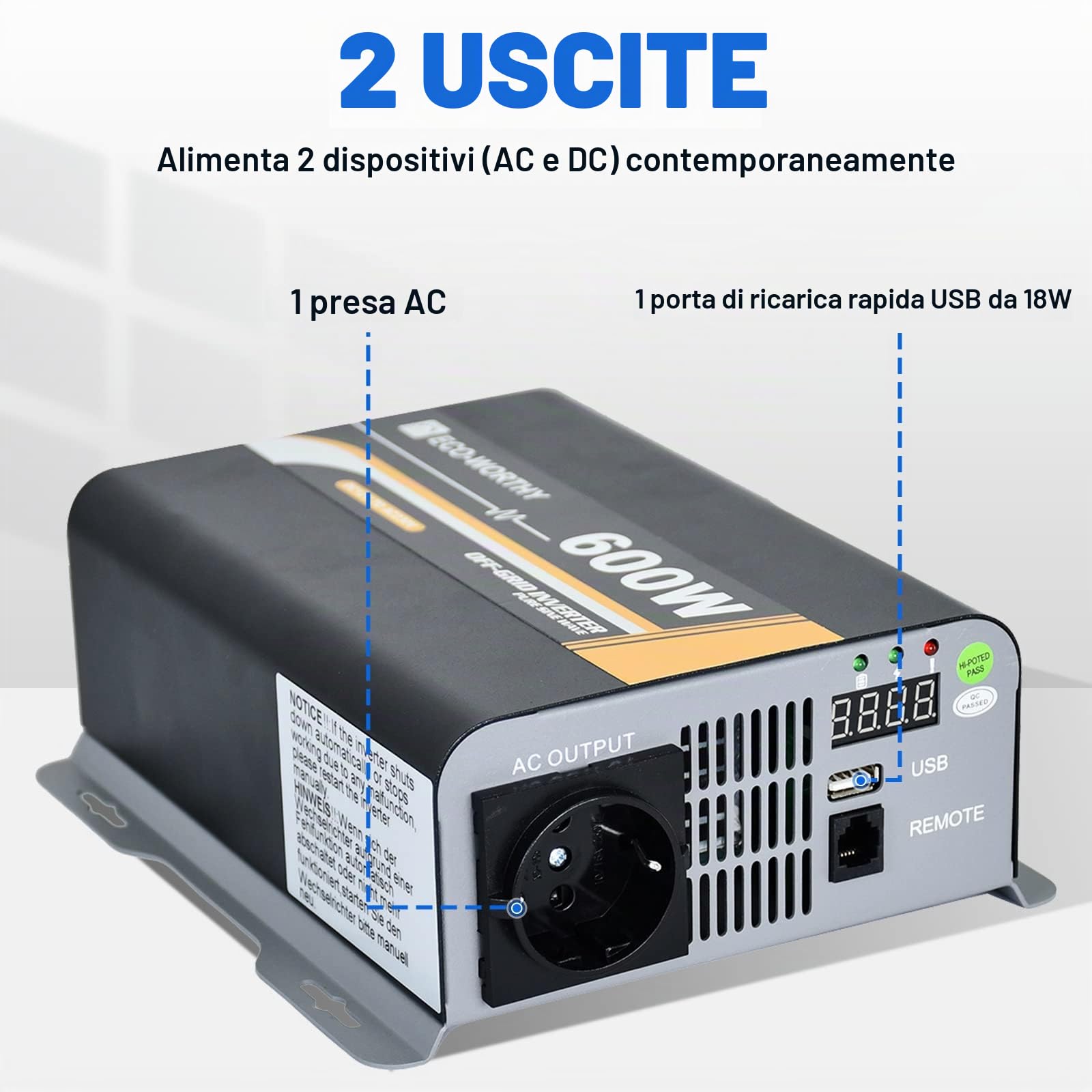 ECO-WORTHY 600 W, 12 V-230 V, AC off-grid, inverter sinusoidale DC con telecomando e fusibile e per auto, camper, veicoli da campeggio e sistemi solari