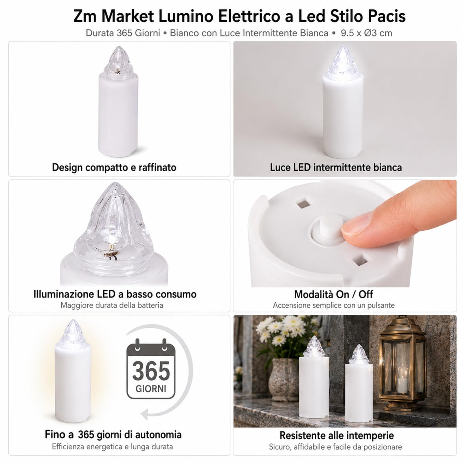 Zm Market Lumino Elettrico a Led Stilo Pacis, Durata 365 Giorni, Bianco con Luce Intermittente Bianco, dimensioni 9.5xø3 cm