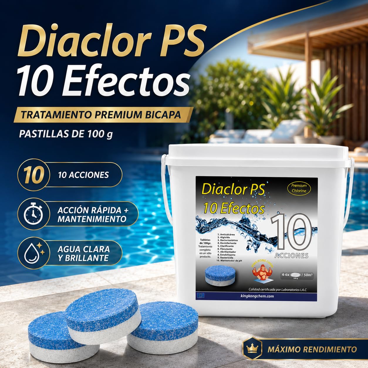 Pack 2 UDS - Cloro Total para Piscinas DIACLOR PS 10 Efectos 10 KG (2x5 KG) 100 Pastillas de Cloro Multiacción (100 gr) - Tratamiento Completo Profesional 10 Acciones