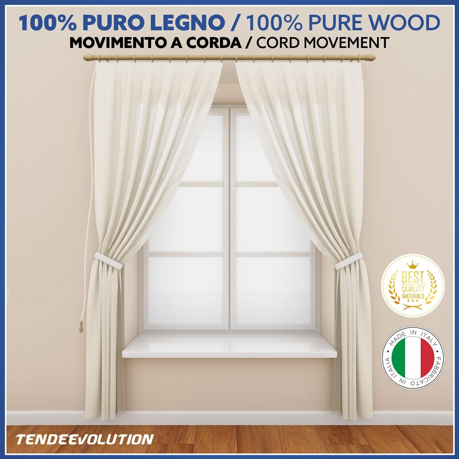 TENDEEVOLUTION Tringle Rideau Bois avec Accessoires, Diamètre 35mm, avec Support Tringle Rideaux Bois inclus. Barre De Rideau Naturel (Orme, 160 CM Avec Corde)