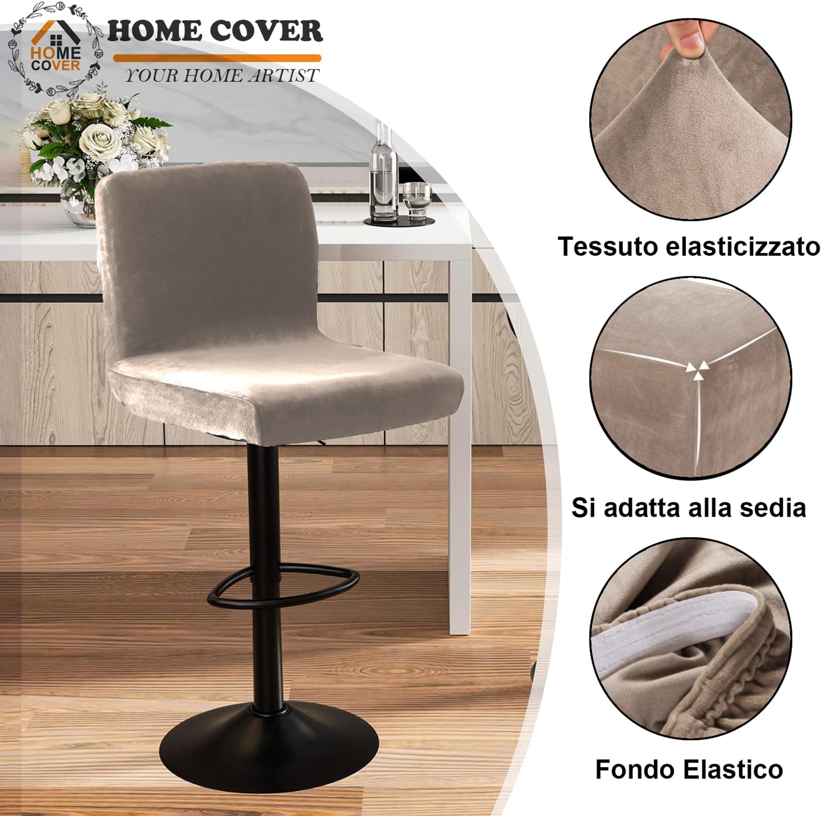 Coprisedia Da Bar Con Schienale, Elastico Velluto Tessuto Copriseduta Per Sgabelli Da Bar Rimovibili Schienale Basso Girevole Coprisedie-Taupe-2 pezzi