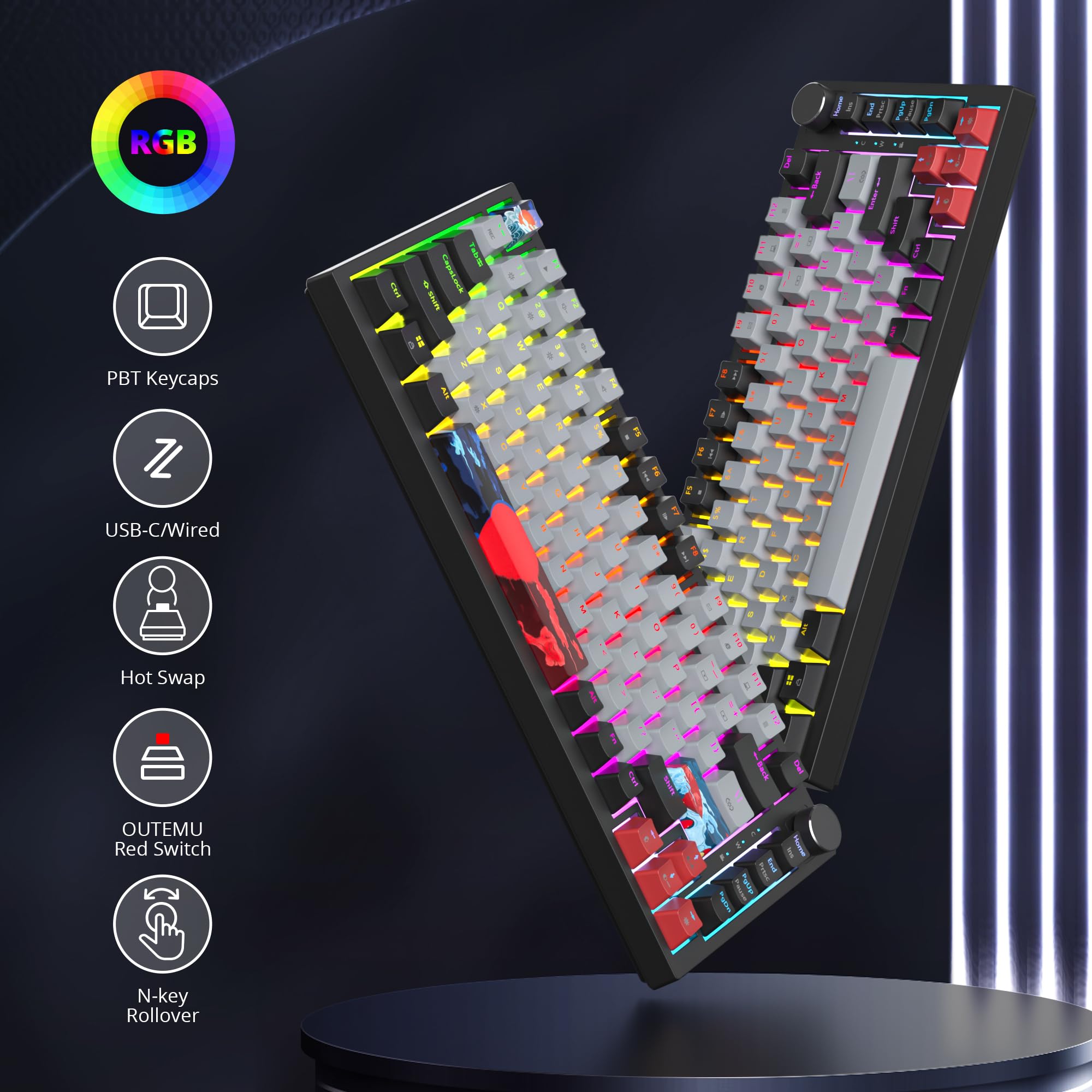 Fogruaden Teclado mecánico 75% con cable, montaje de junta intercambiable en caliente con interruptor rojo, retroiluminación RGB, 82 teclas TKL, NKRO Compact Gaming con perilla (Dolch)