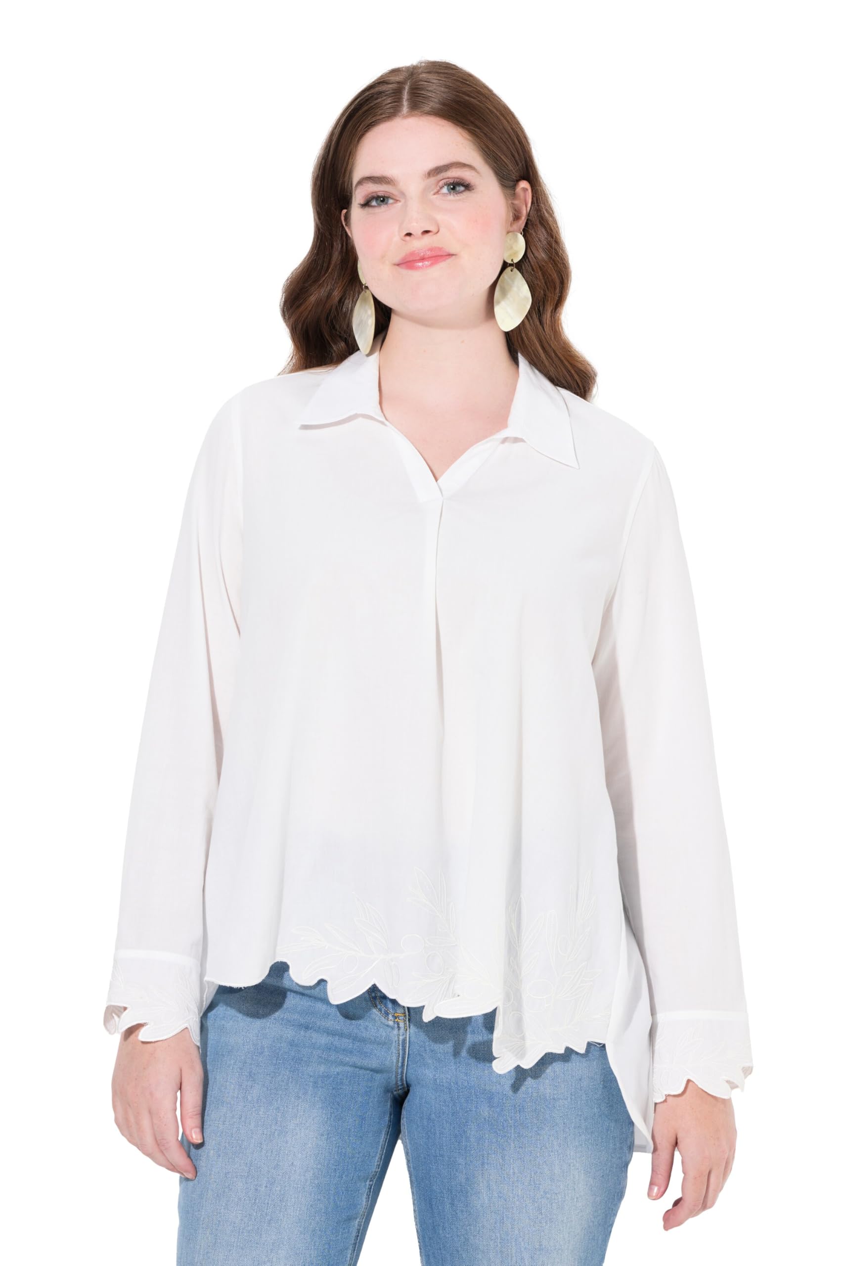 Ulla Popken Damen große Größen Übergrößen Plus Size Tunika, Stickerei, Hemdkragen, Langarm, Biobaumwolle 834821