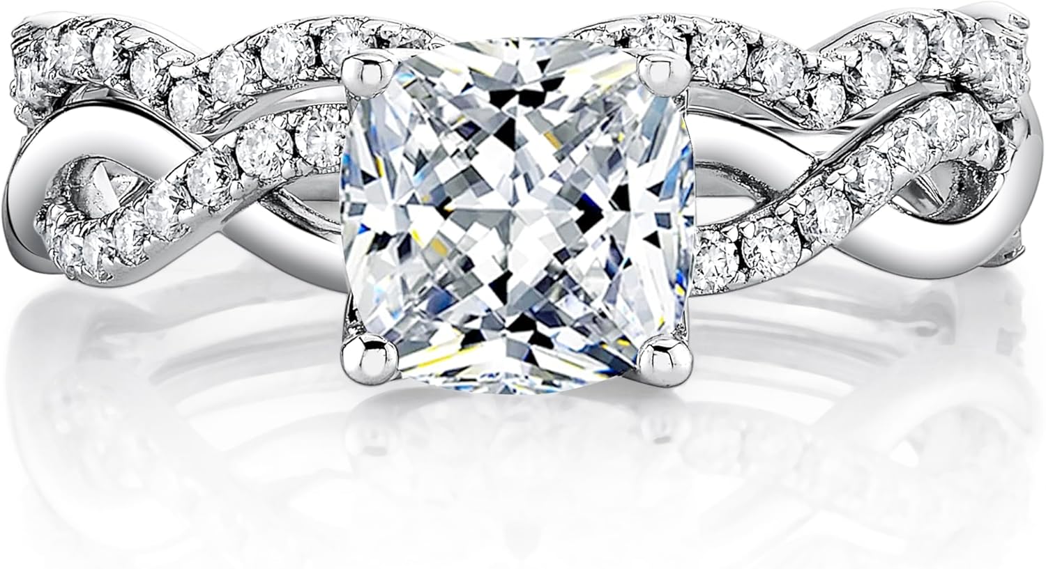 Metal Masters 2Ct. Cushion Cut Moissanite Engagement Bridal Set Tulip Basket Setting Contoured Infinity Twist Wedding 18K White Gold Over Silver