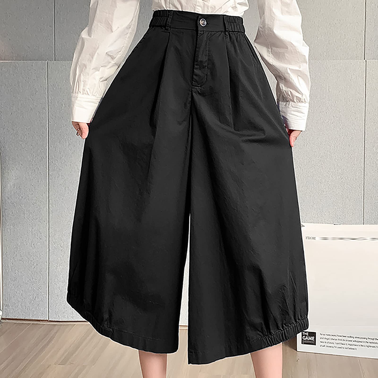Wide Leg Pants for Women Culottes Pants Lightweight Loose Fit Summer Trousers Elastic High Waist Pants Cinch Bottom Black
