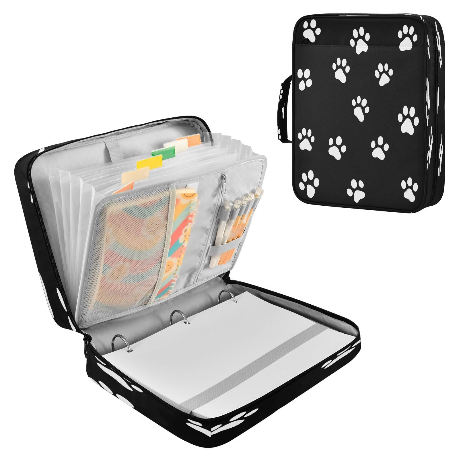 Raccoglitore espandibile con 3 anelli, motivo impronte di zampe di cane, colore bianco, con 7 tasche, per scuola, ufficio, viaggi