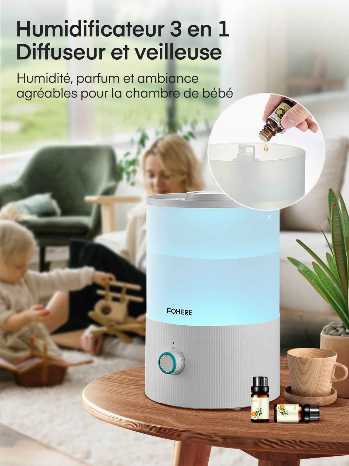 FOHERE Humidificateur d'air Chambre Silencieux 3,2L Top-Fill
