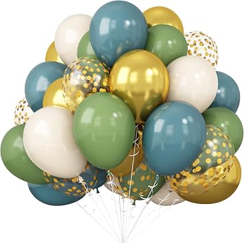 Green Blue Balloons Sage Beige Gold Balloon Jungle Woodland Party Decorations Safari Wild One Dino Birthday Dusty Blue Green White Balloon 60pcs 12inch Helium Latex Balloons Gold Confetti