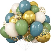 Green Blue Balloons Sage Beige Gold Balloon Jungle Woodland Party Decorations Safari Wild One Dino Birthday Dusty Blue Green White Balloon 60pcs 12inch Helium Latex Balloons Gold Confetti