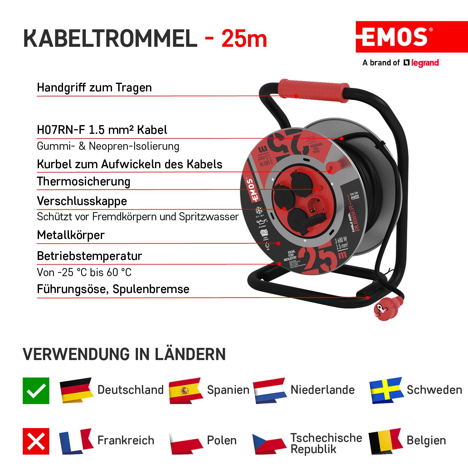 EMOS Avvolgicavo per esterni, in lamiera d'acciaio, 25 m, cavo in gomma H07RN, 1,5 mm2 (neoprene) con 4 prese Schuko, IP44, impermeabile, per esterni, industria, cantieri