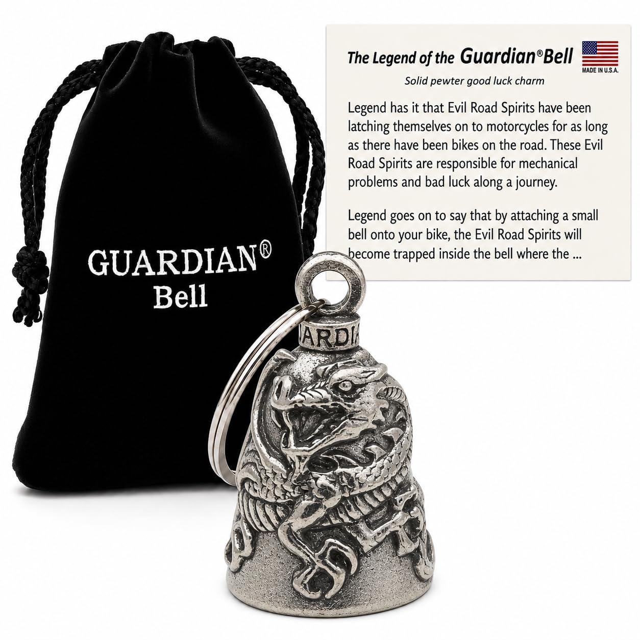 Guardian Bell Dragon Good Luck Bell w/Keyring &amp; Black Velvet Gift Bag | Motorcycle Bell | Lead-Free Pewter | Good Luck Gift to Friends &amp; Family | Bike Bell | Made in USA