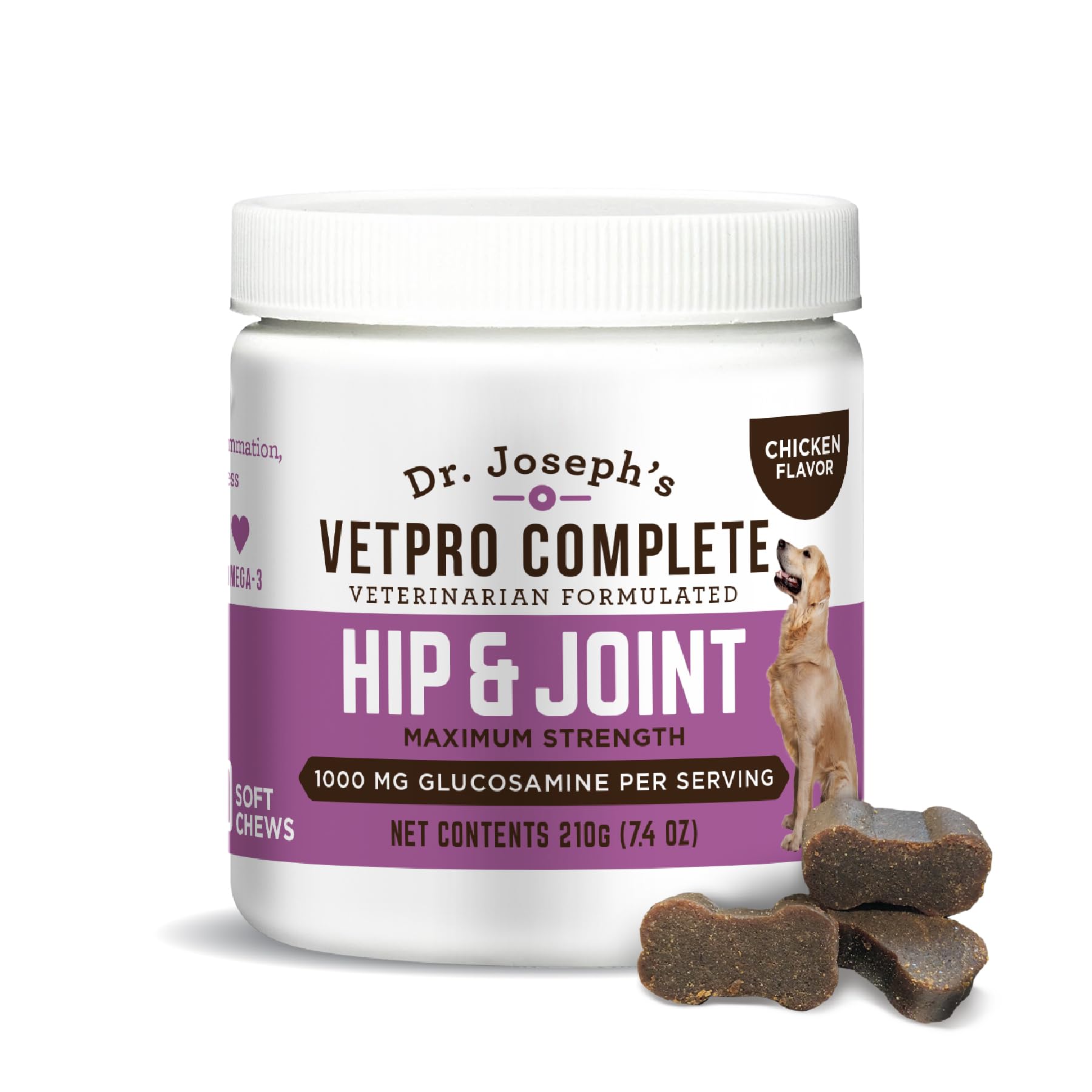 Dr. Joseph's VetPro Complete Dog Hip and Joint Supplement, 60 Count, Chicken Flavored Pain and Inflammation Relief Chews with Glucosamine, Chondroitin, MSM, Turmeric, Vitamin C, Omega 3