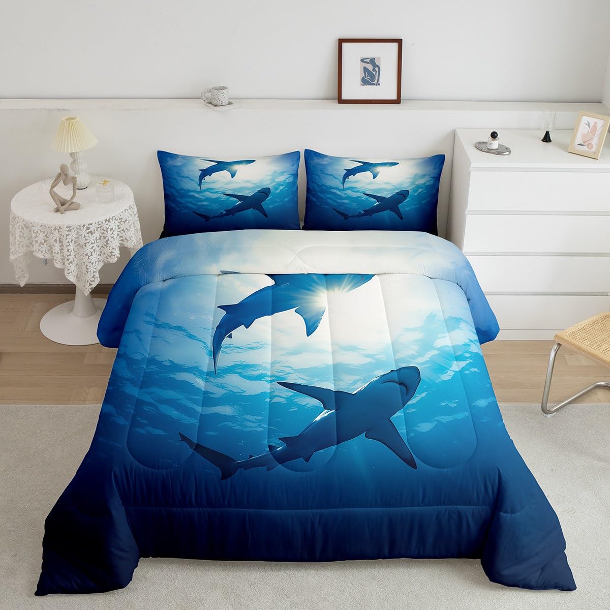 Ocean Themed Comforter Set Full, Boys Shark Bedding Comforter Sets, Marine Life Bedding, Underwater World Down Comforter, Blue Sea Wave Fish Decor Duvet Insert Soft Microfiber with 2 Pillow Cases