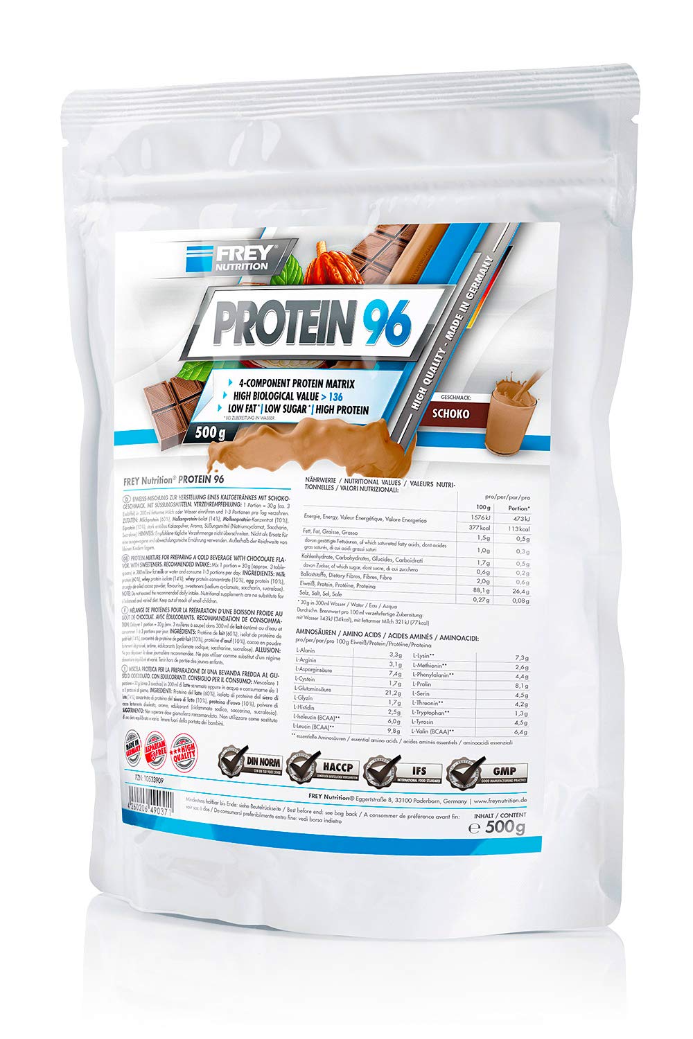FREY Nutrition PROTEIN 96 (Schoko, 500 g) Ideal für kohlenhydratreduzierte Diätphasen und als Zwischenmahlzeit - Hoher Caseinanteil - low carb - Made in Germany