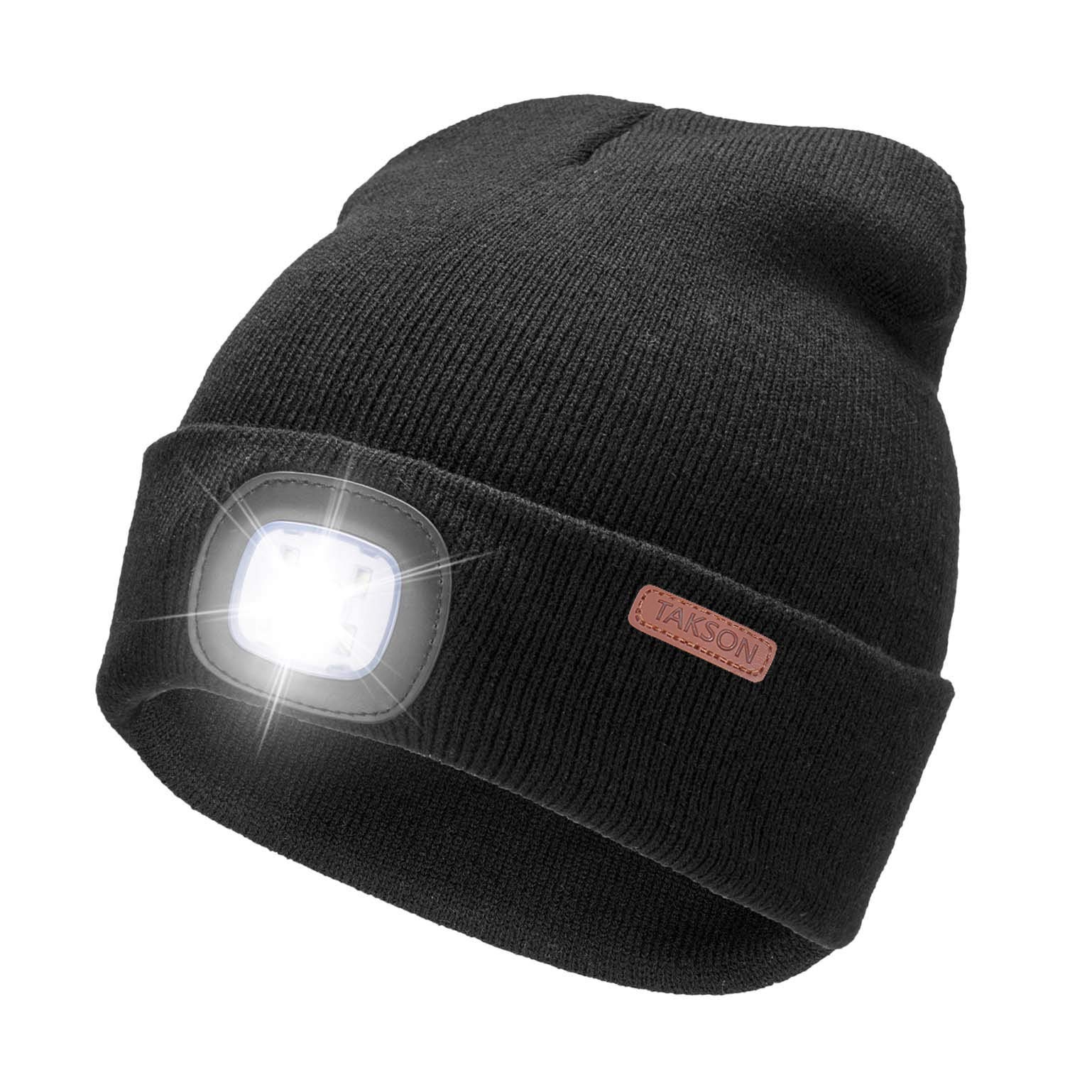 TAKSONUSB Rechargeable 4 LED Beanie Hat Hands Free Flashlight Knit Headlamp Beanie Cap Unisex