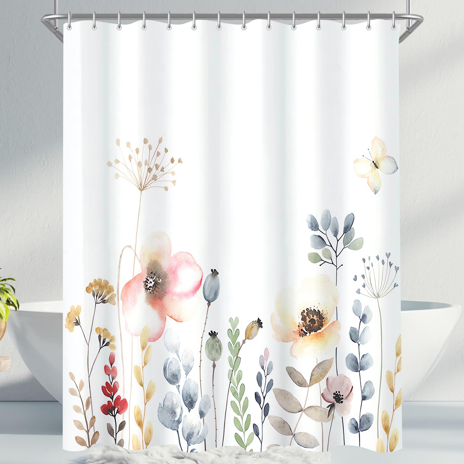 Lerores Cortina de ducha de 240 x 200 cm, con diseño de plantas de flores, dobladillo con peso, textil antimoho, impermeable, lavable, tela de poliéster para baño, bañera con 16 anillos de cortina de