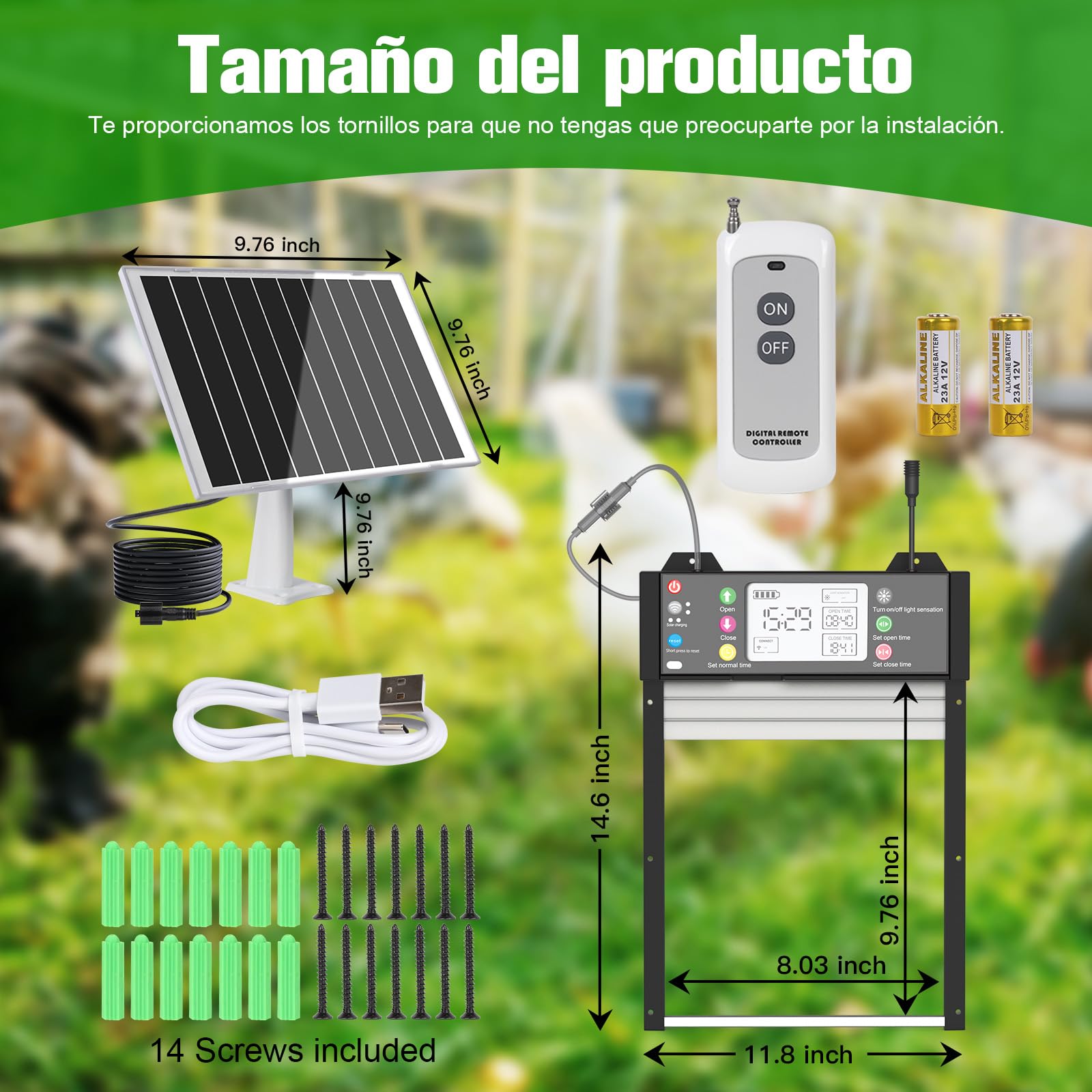 Puerta Automática para Gallinero Control de Aplicación, Pantalla LCD, Control mediante Aplicación, Control Remoto, Sensor de Luz, Temporizador y Manual, Carga Solar y USB, Antipinzamiento, Impermeable