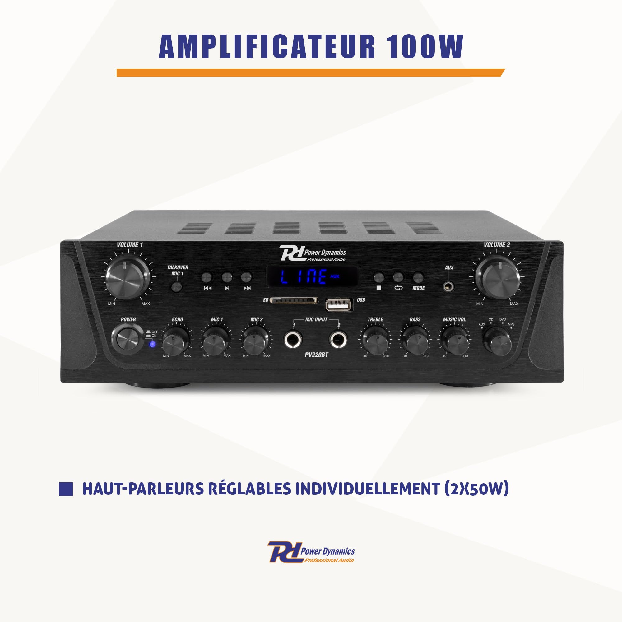 Power Dynamics PV220BT Amplificateur Audio Bluetooth 2x100W 2 Zones Lecteur MP3 USB/SD Radio FM Entrées RCA AUX Télécommande