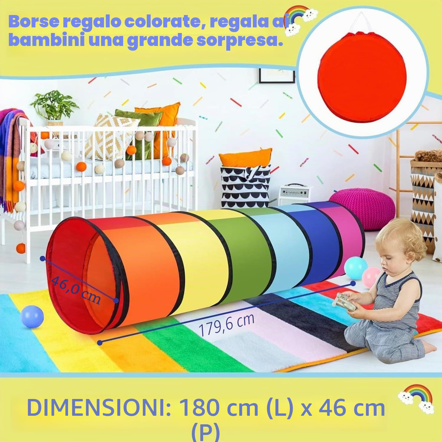 LATERN 180CM Tenda a Tunnel per Bambini, 46CM Tunnel per Bambini con Apertura Rotonda Tunnel di Scansione Pop-Up Colorato per Ragazzo Ragazza Animali Giocare Interno All'aperto Giardino Casa Gioco