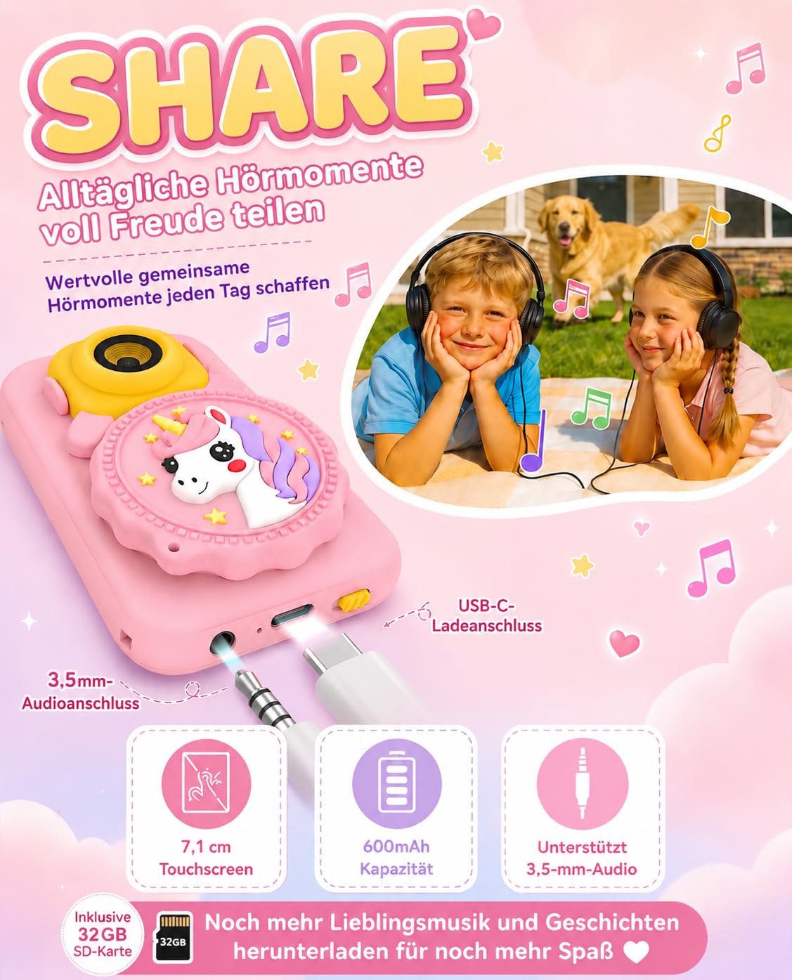 Telephone Enfant avec Microscope 100X et 32G Carte pour Filles 3-8 Ans | 100X Microscope Camera, 32G 600mAh MP3 Histoires, Ecran Tactile 2.8 Jeux ABC, Licorne Fille 3-8 Ans, Cadeau Anniversaire