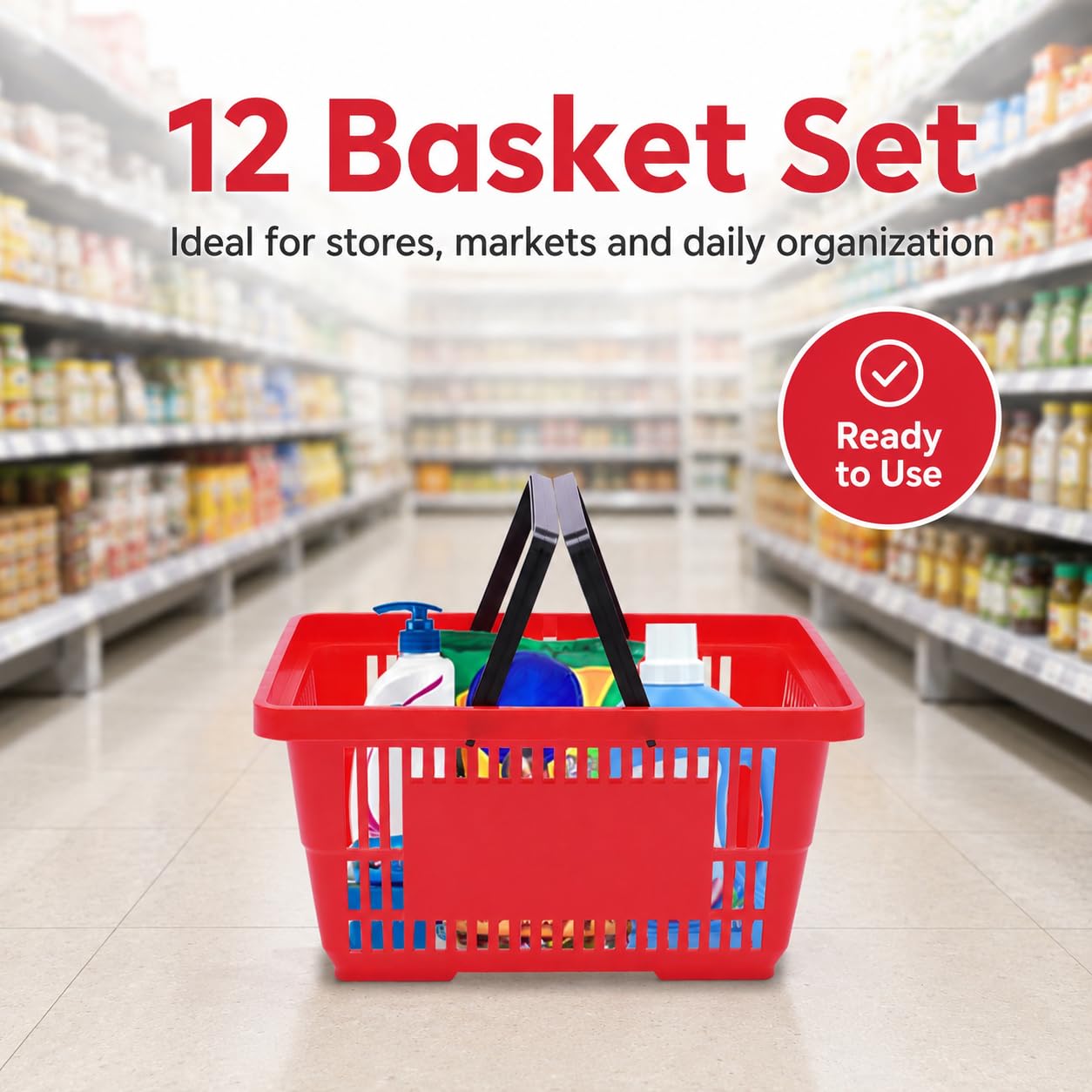 Einkaufskorb Set 12er, Tragekorb Kunststoff, Handkorb Rot, 18L | 12er Set PP, je 18L, 10kg belastbar, klappbare Griffe, stapelbar, Lochdesign