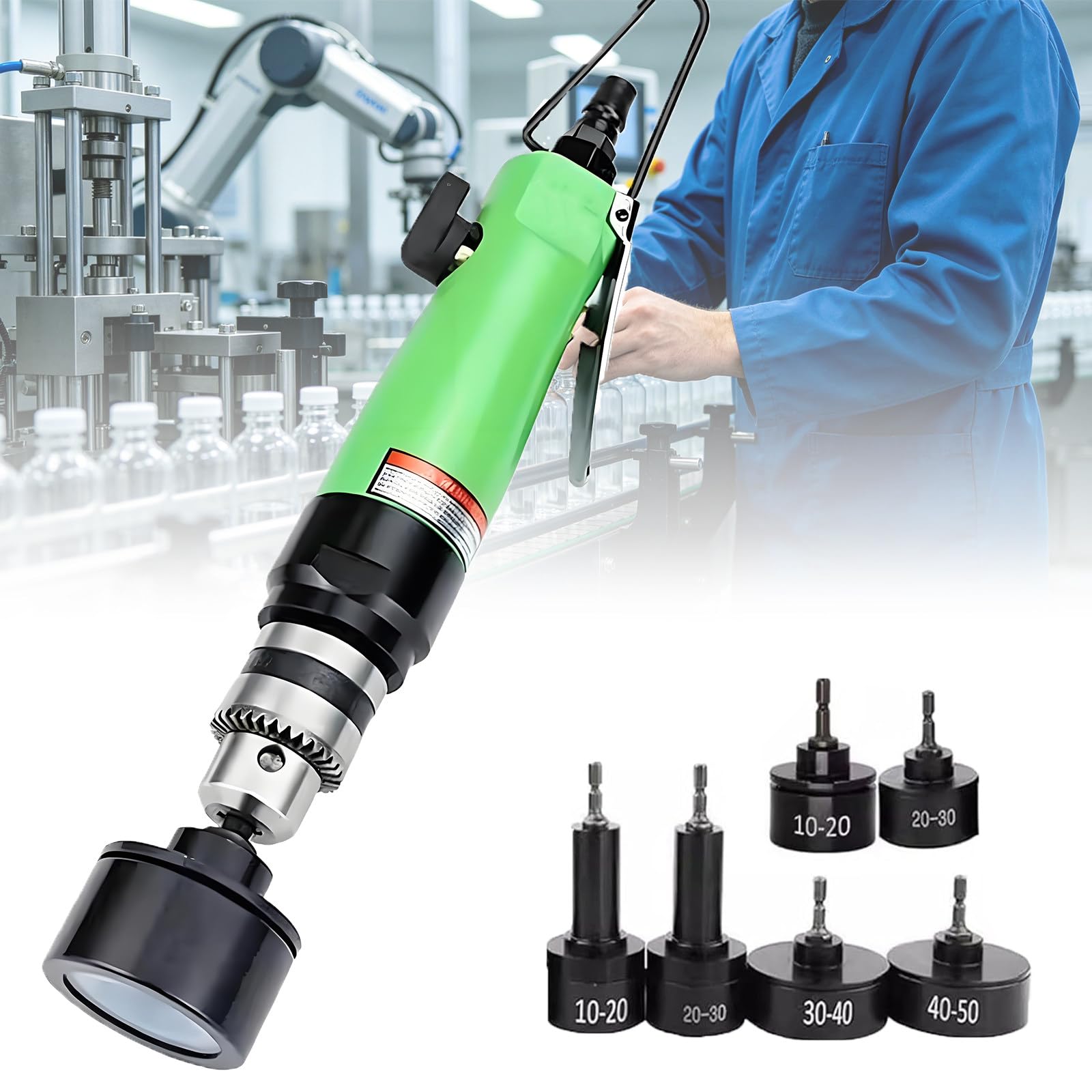 MiyKom Handheld Pneumatic Capping Machine for Bottle Sealing, High Torque Air Capper Tool with Forward Reverse Switch, 2500 RPM Ergonomic Cap Tightener for Production Lines and Factories A