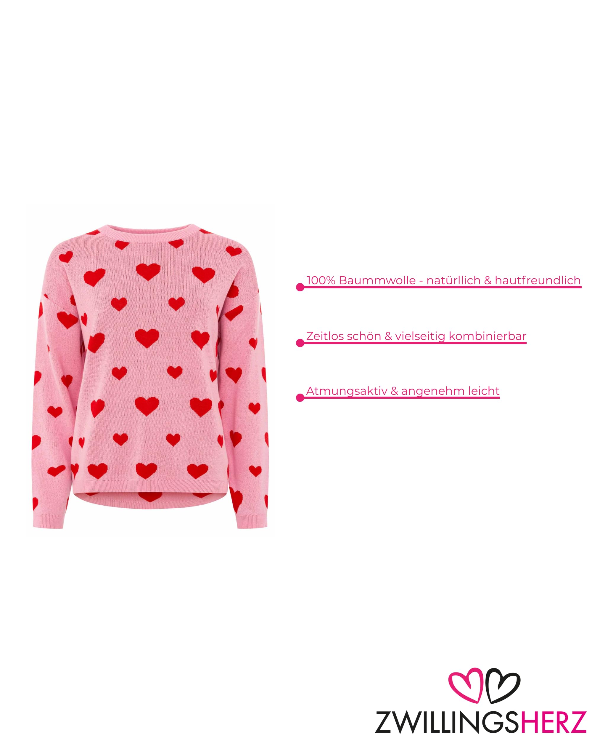 Zwillingsherz Damen Pullover – Sweater mit Herz Print– 100% Baumwolle – Weicher Strickpullover – Stylisch für Alltag, Herbst & Winter