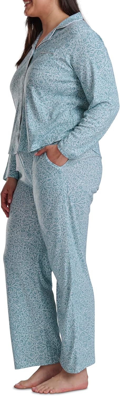 Karen Neuburger womens [Plus Size] Girlfriend Long Sleeve Notch Collar Button Up Top and Pant Bottom 2-piece Pajama Set - Image 2