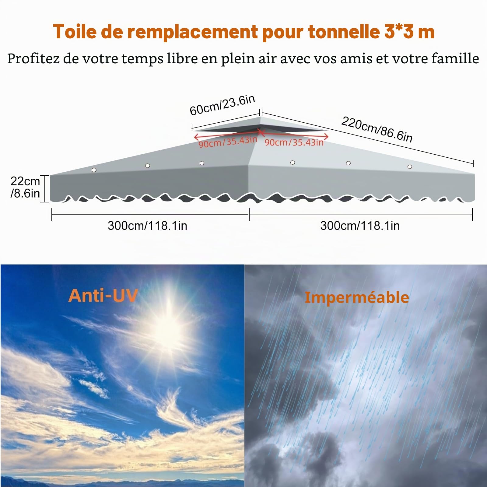 Toile de Rechange pour Tonnelle de Jardin, 3x3m Toit avec 2 Étages, Protection Solaire et Ventilation Amovible - Toile Idéale pour Pavillon