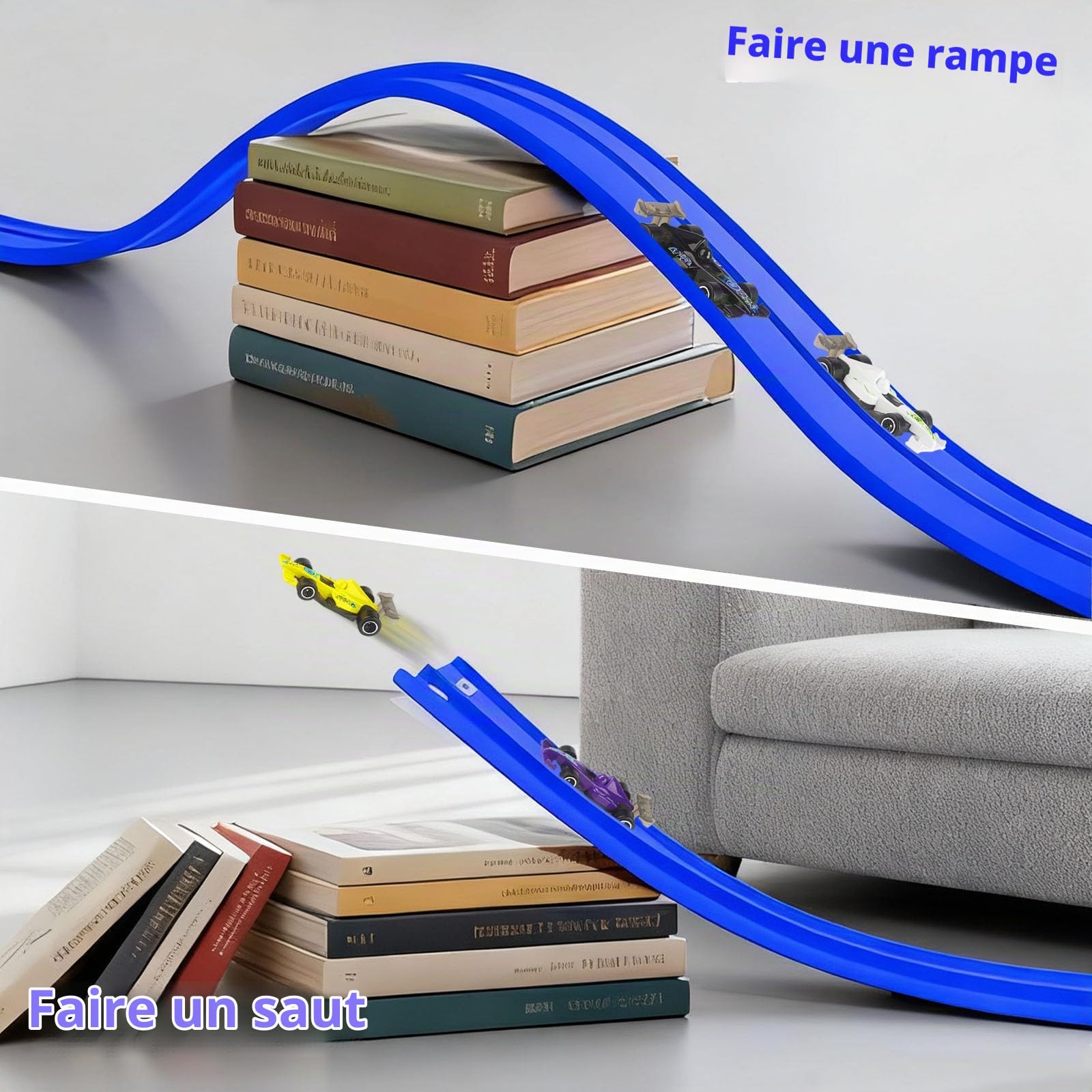 5M Circuit Voiture - Circuit De Course avec Rampe, Comprend 4 Voitures Jouets,Sauts, Rampes,Circuit De Course Classique Long à Monter, avec 1 Sac De Rangement