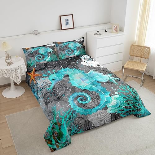 Miniatura 4 de jejeloiu Juego de ropa de cama de caballito de mar para niños, adolescentes, edredón suave con temática náutica, color verde y gris, decoración de