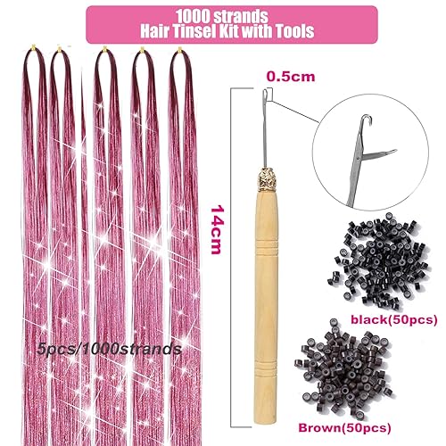 Miniatura 3 de Kit de 1000 hebras de oropel y 6 piezas de extensiones de cabello con clip de oropel con brillantina resistente al calor, con herramientas de clip,
