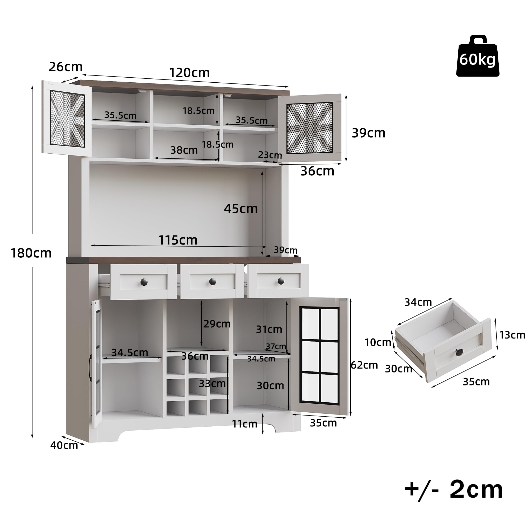 Hochschrank, Küchenschrank mit Smart LED Beleuchtung, fürs Wohnzimmer, Seitenschrank mit Weinregal und Kippsicherung, Verstellbare Einbauregale