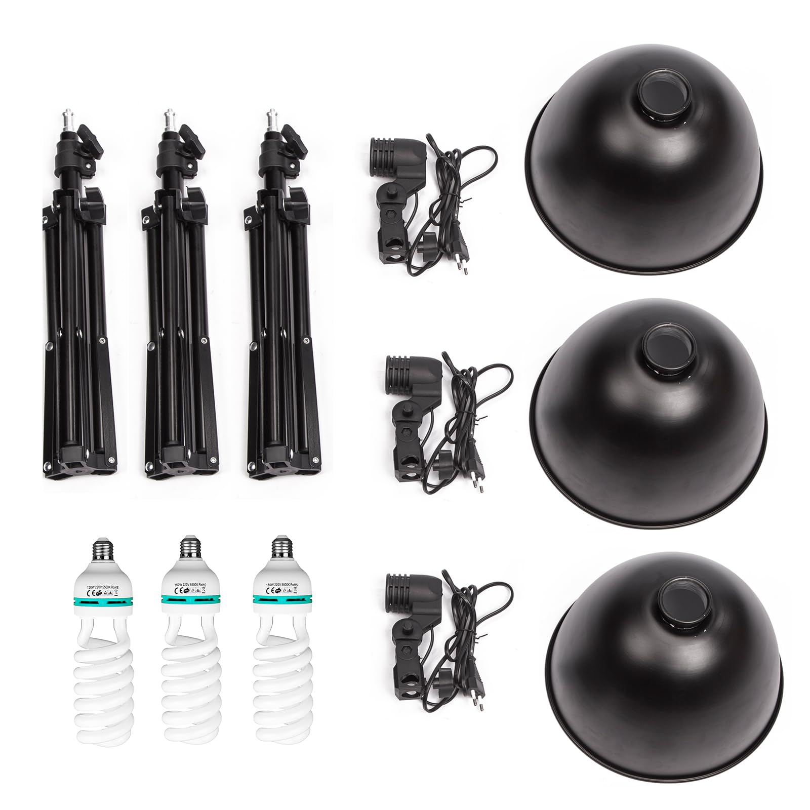 Kit di luci fisse per studio fotografico, con 3 lampade da 150 W, 5500 K, supporto per luce, attacco E27 e paralume per fotografia di prodotti, fotocamera, foto alla moda, YouTube, video