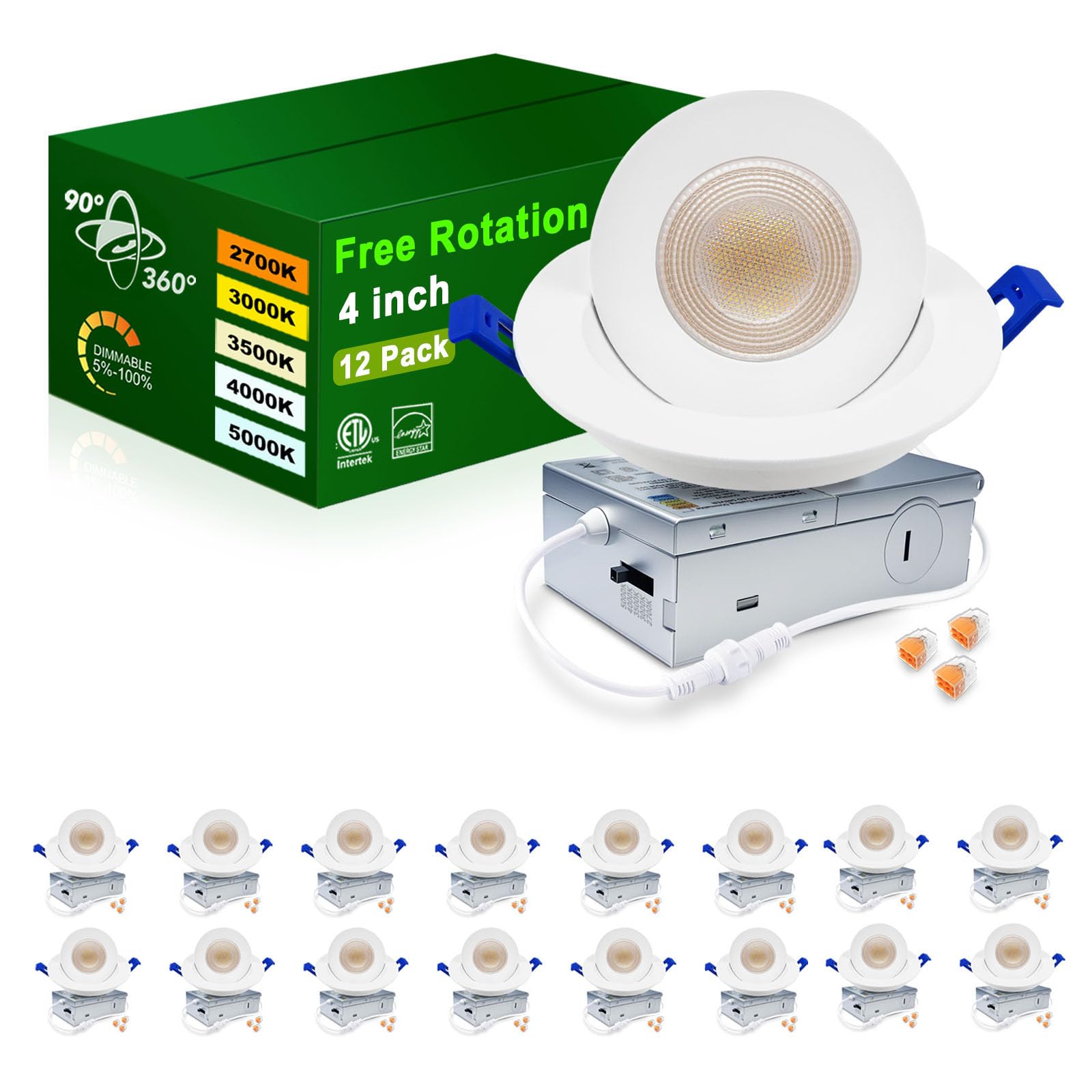 zouzai 5CCT LED Gimbal Recessed Light with Junction Box, 360°+90° Adjustable Directional Eyeball Lighting, Dimmable, 2700K/3000K/3500K/4000K/5000K,ETL&Energy Star