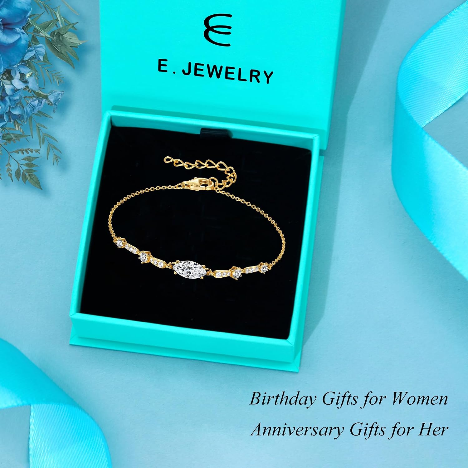 E Mothers Day Gifts for Mom Birthstone Bracelets: 5A CZ REAL 18K White/Yellow Gold Plated 925 Sterling Silver Charm Chain Link Bracelet - Birthday Gift for Women Wife Mom Daughter Girlfriend