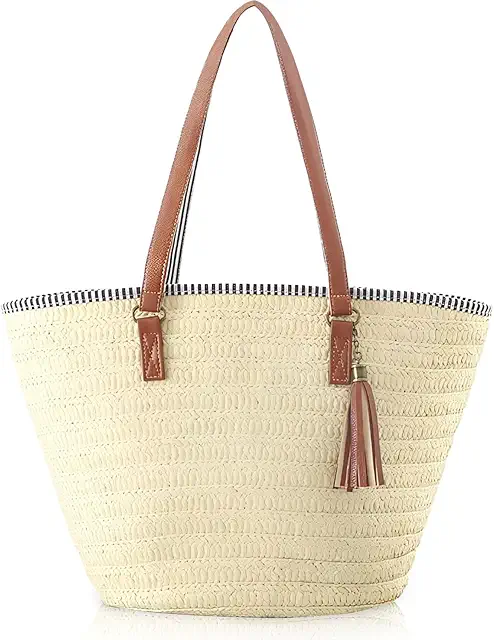 Bolso de Mimbre para Playa LATRAT - Grande con Cremallera y Correa de Piel Beige