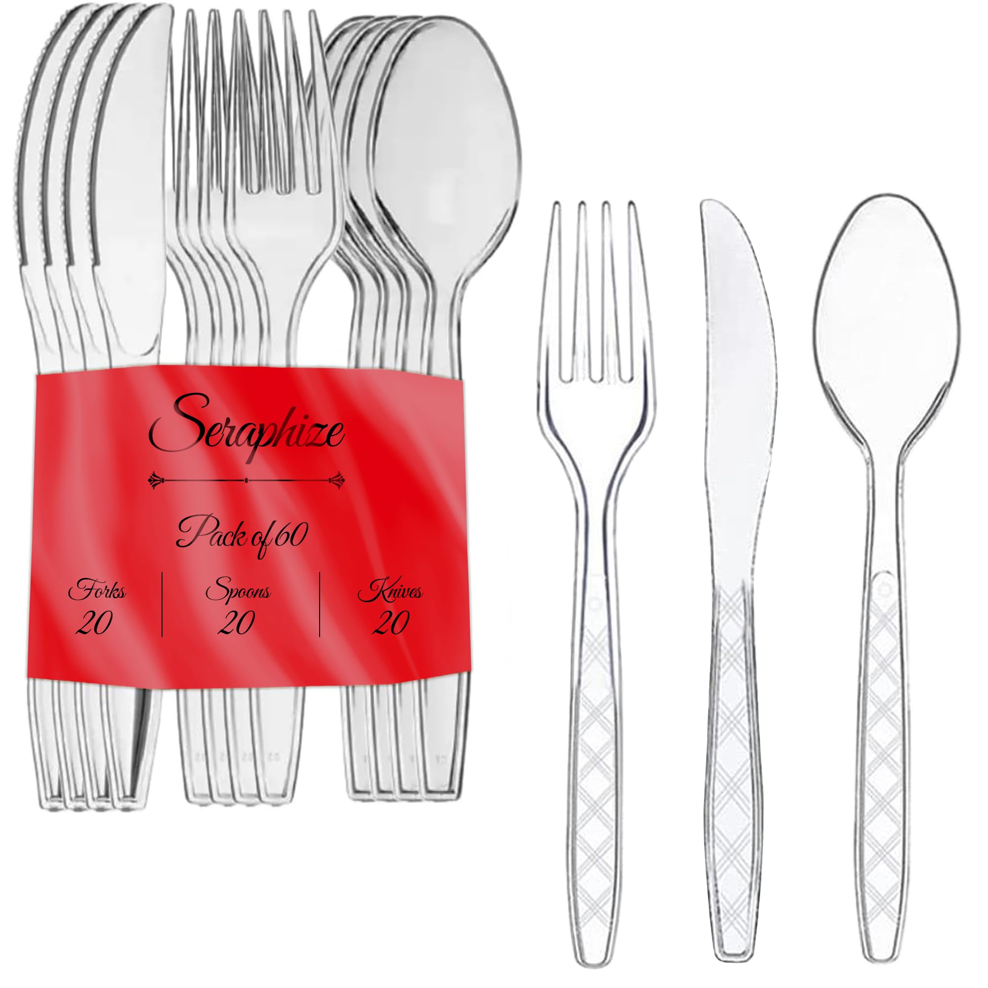 Seraphize Plastic Cutlery Set Pack of 60 (20 Spoons, 20 Fork & 20 Knives) Strong, Durable & Lightweight | Heavy Duty Reusable Cutlery Set | Dining Utensils for Events & for Everyday Personal Use