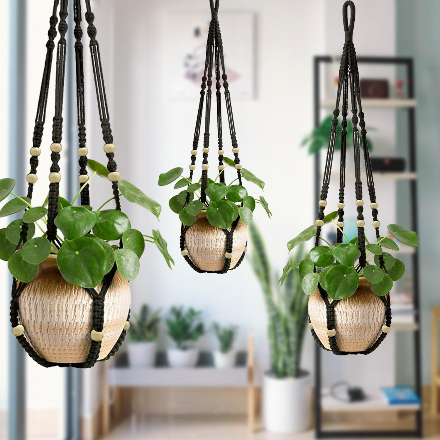 Love N Beyond Aster Macrame Plant Hangers, Unique Designs,Handmade Cotton Rope Hanging Planters Flower Pots Holder Stand, for Indoor Outdoor Boho Home Décor Without Tassel (Black Set of 2) 1