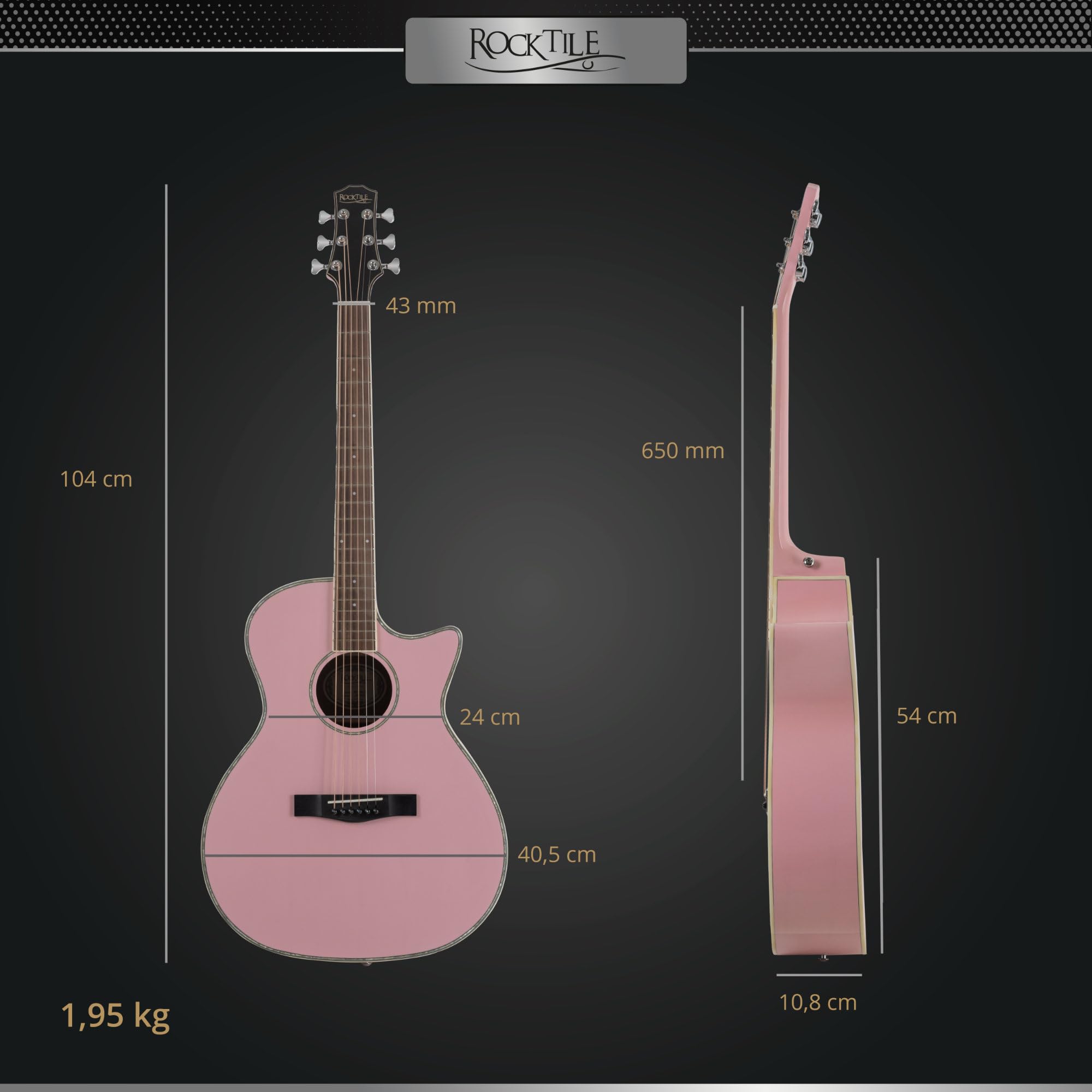 Rocktile WSC-150C-PK Westerngitarre - 6-saitige Grand Auditorium Akustikgitarre mit Cutaway - massive Fichtendecke & Mahagoni-Korpus - Palisandergriffbrett - Gloss Finish - Pink