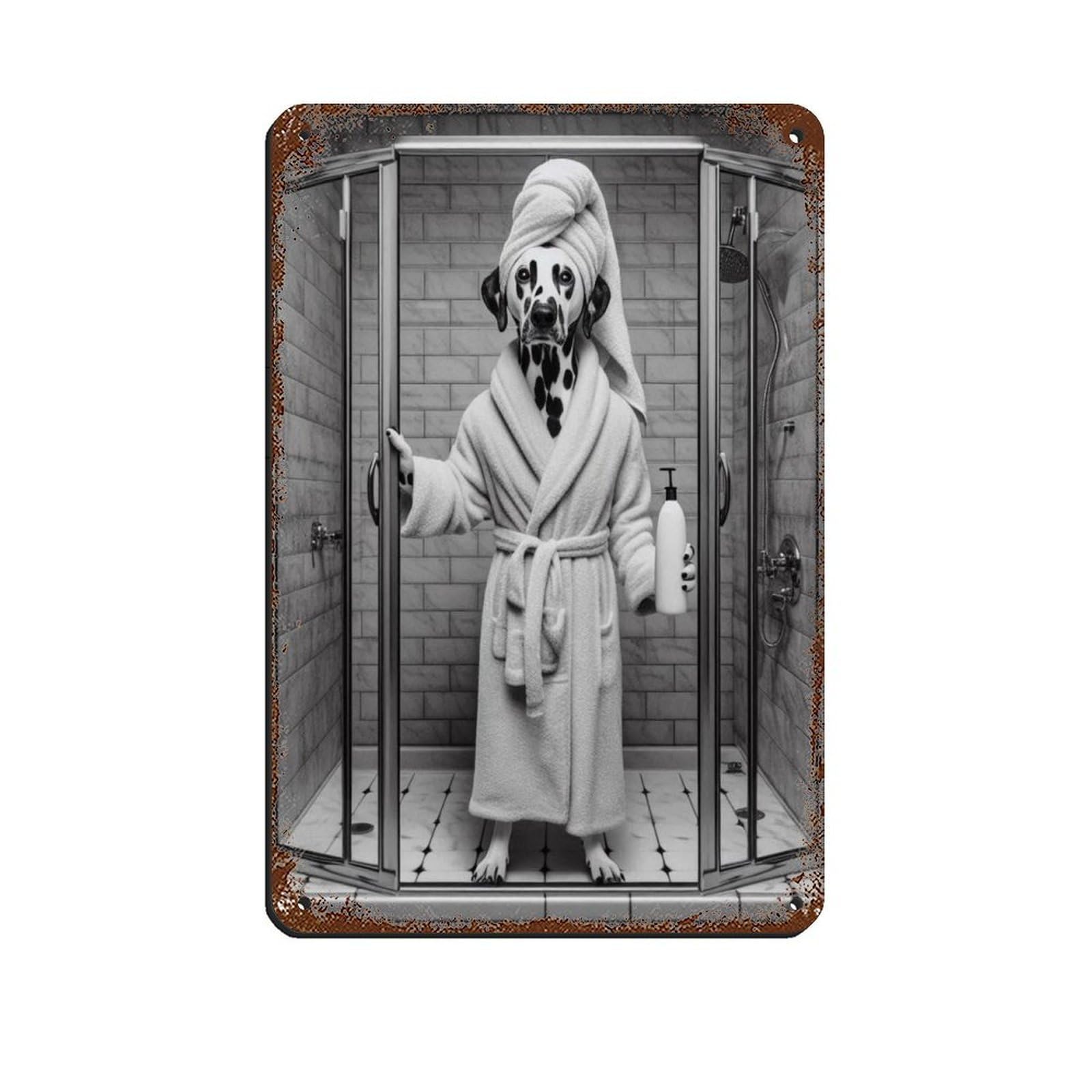 Dog in Bathrobe Taking Shower Retro Poster Metal Tin Sign Chic Art Retro Iron Painting Bar People Cave Cafe Family Garage Poster Wall Decoration 8x12inch(20x30cm)